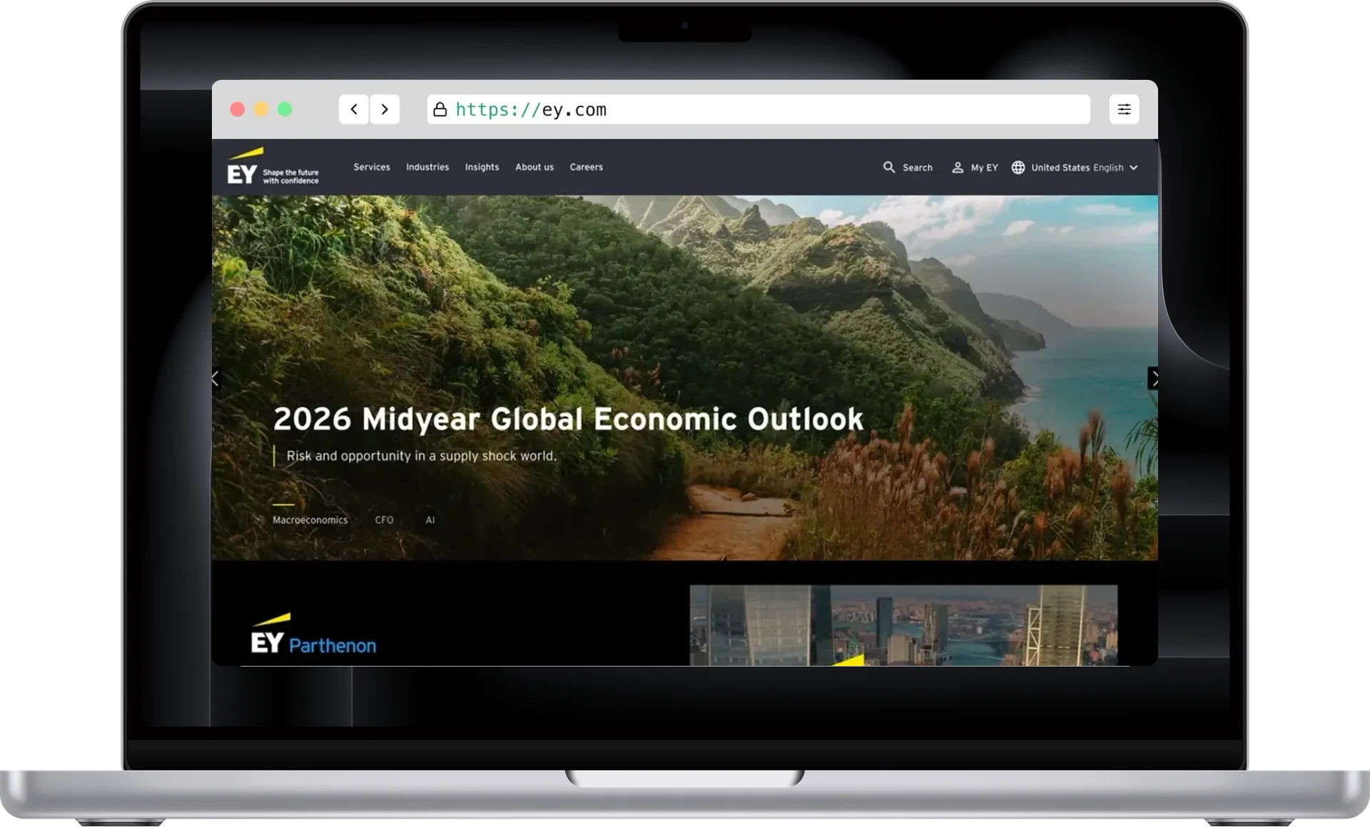 Ernst & Young landing page on a MacBook